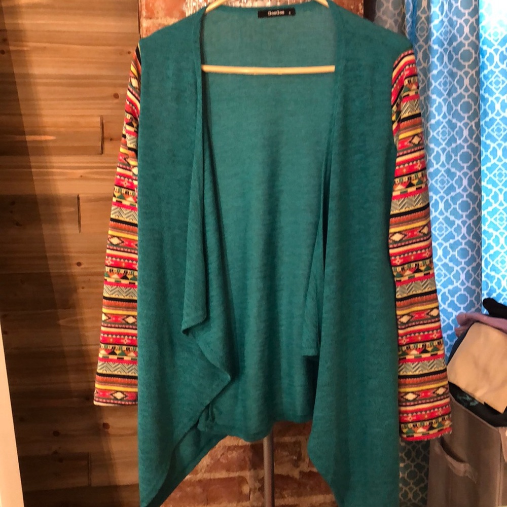 Aztec sleeve teal cardigan